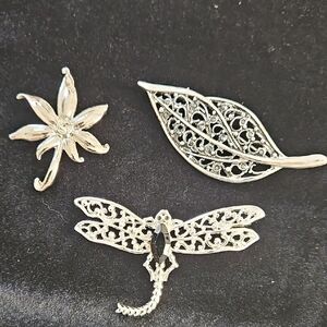 Trio Of Silvertonr Broches, Leaf, Flower, Dragonfly